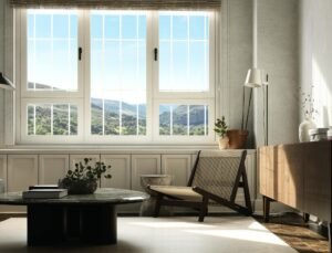 Bright living room interior with mountain view through large windows, featuring contemporary furniture.